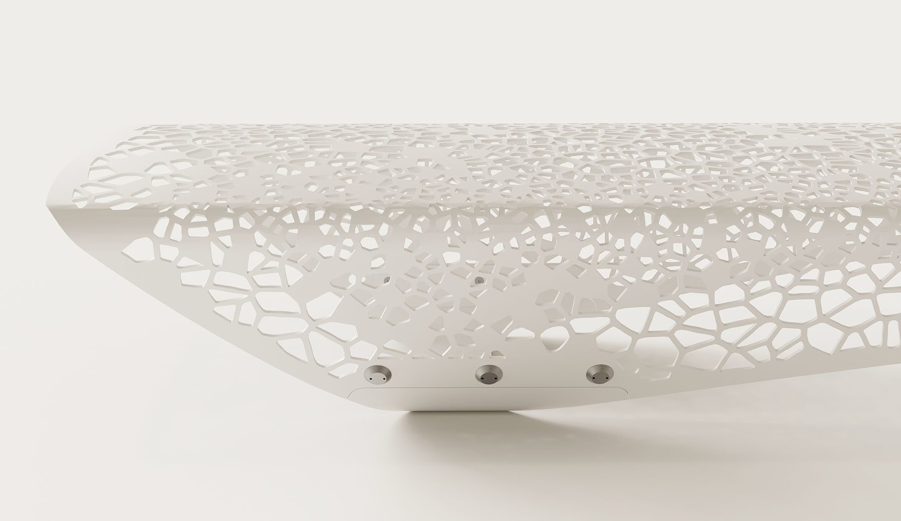 OSSO Bench, perforated steel shell, studio view